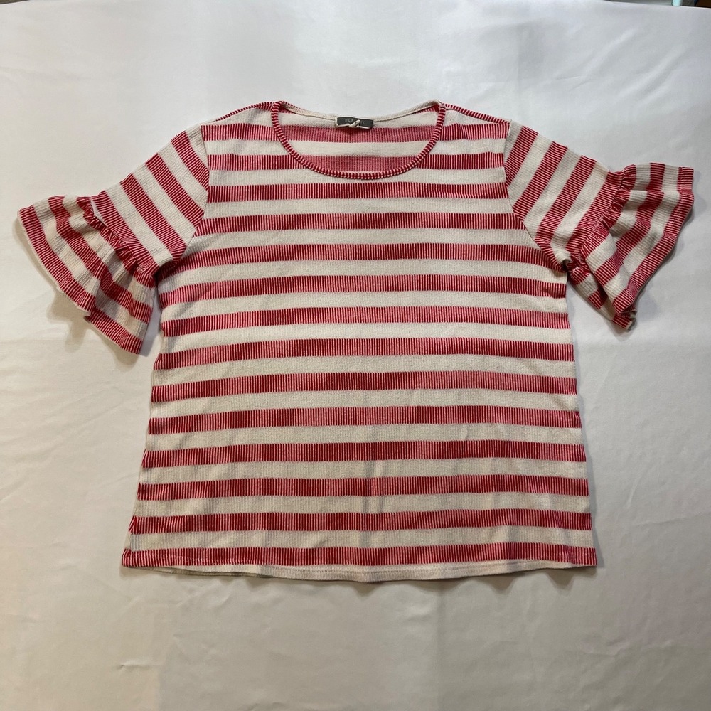 Pleione Women's Medium Red White Striped Ruffle Sleeve Knit Top Short Sleeve